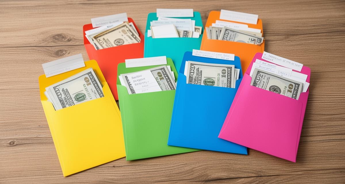 Colorful budget envelopes with cash showing envelope budgeting system