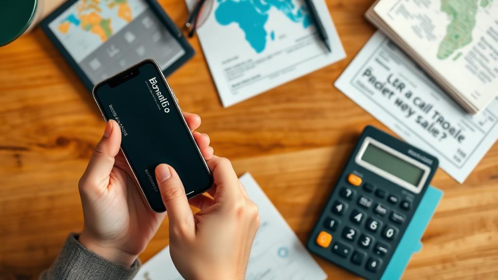 Overhead view of currency conversion planning with phone, calculator and travel documents